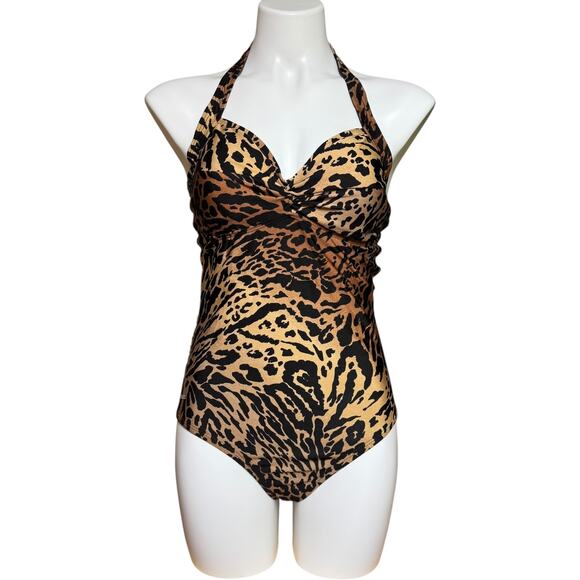Speedo One Piece Halter Swimsuit Animal Print Cheetah 12 - Picture 1 of 8